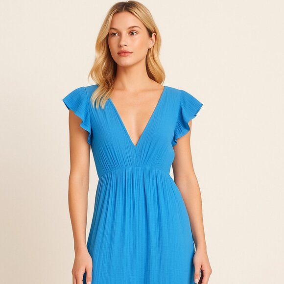 Honorine Blue Cotton Gauze Maxi Dress Flutter Sleeves Tiered Tiered Summer M - Picture 2 of 8